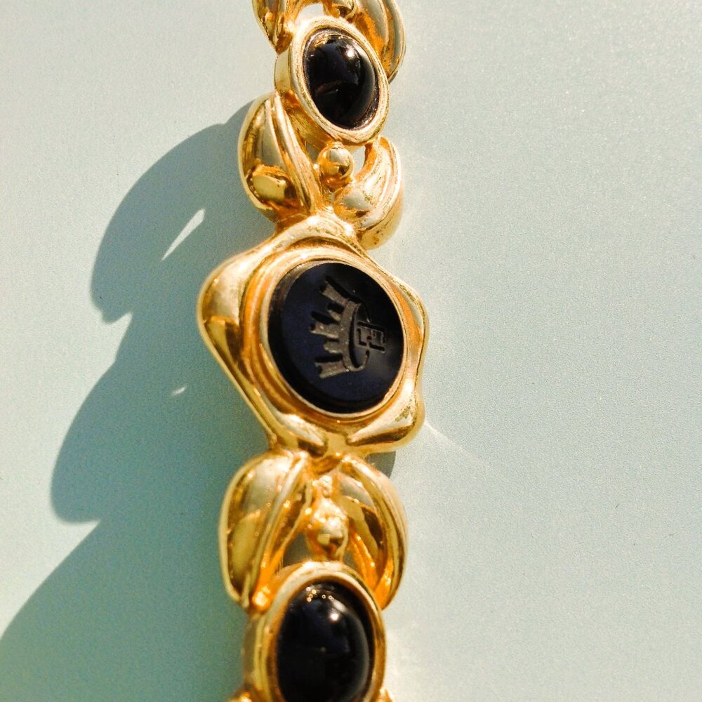 Fendi Brooch Victorian Revival Bar Rhodium Gold Intaglio Logo + Onyx Cabochons